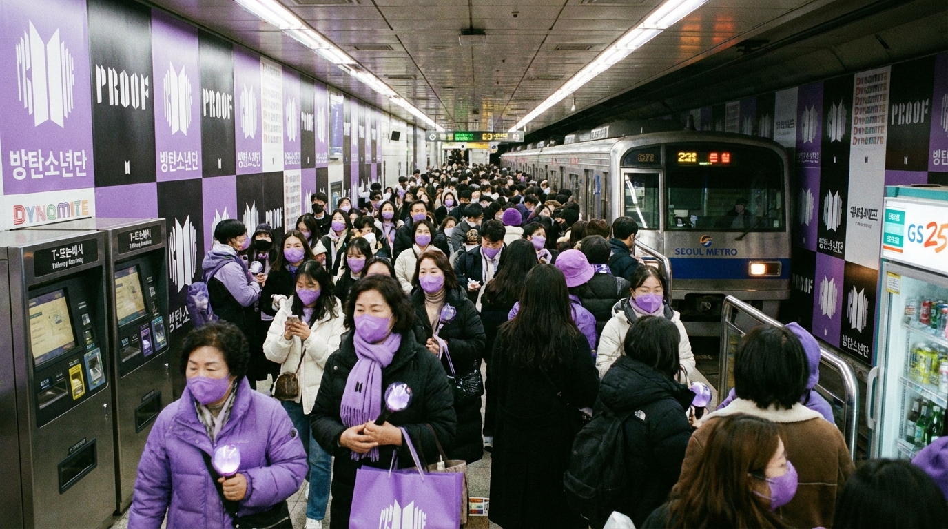 BTS 공연을 위해 광화문으로 이동하는 아미들로 붐비는 서울 지하철 내부