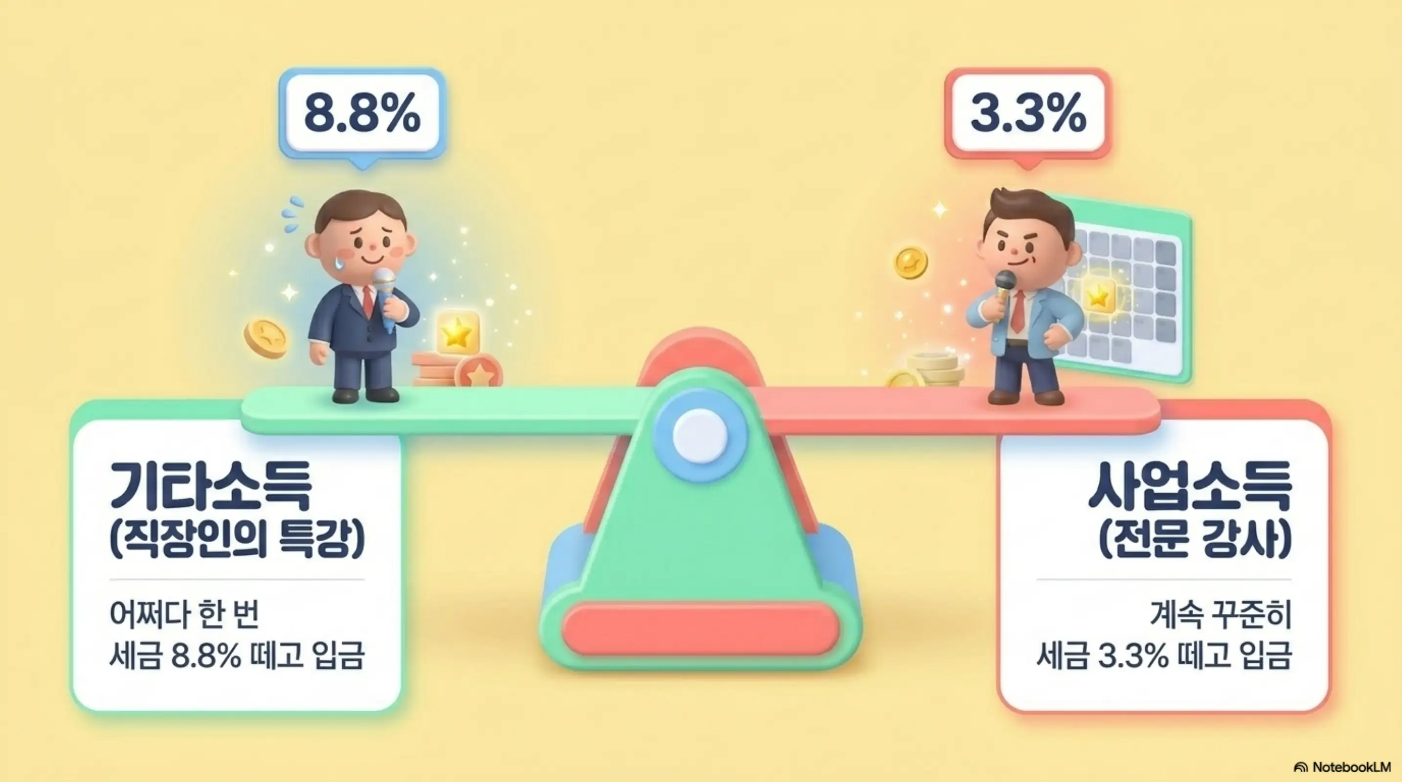 기타소득: 기타소득 8.8%와 사업소득 3.3%를 저울 위에 올려놓고 비교하는 인포그래픽 이미지. 이 이미지는 직장인의 일시적 특강은 기타소득으로 8.8% 원천징수되고 전문 강사의 강연료는 사업소득으로 3.3% 원천징수된다는 차이를 시각적으로 전달하며&amp;#44; 블로그의 기타소득과 사업소득 구분 기준과 관련된 내용을 설명함