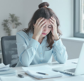 업무 스트레스로 인해 머리를 감싸고 있는 여성