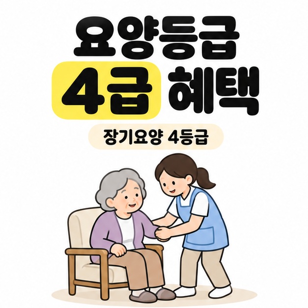 요양등급 4급 혜택과 장기요양 4등급이라는 문구 아래 의자에 앉은 노인의 팔을 지지하며 돕는 돌봄 종사자의 그림