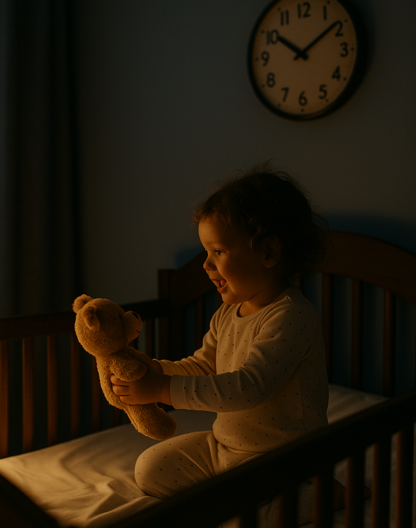 "밤 10시가 넘은 시간, 시계가 걸린 방 안에서 여자 아기가 침대 위에서 장난감을 가지고 놀고 있는 모습 – 늦은 밤까지 잠들지 않는 유아의 수면 습관을 상징하는 이미지"
