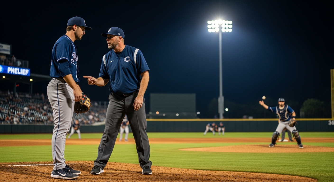 야구 경기 중 감독이 마운드에서 선발 투수와 진지하게 대화하고 있고, 불펜에서는 구원 투수가 몸을 풀고 있어 투수 교체를 암시하는 긴장감 넘치는 장면.