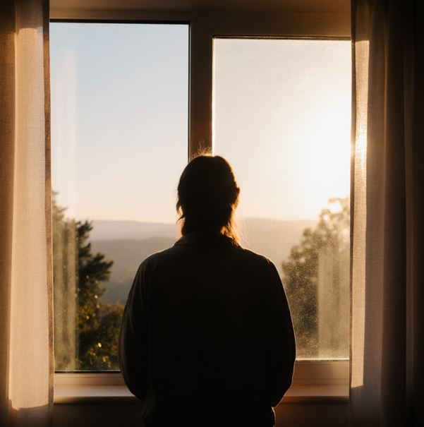 창가에 서서 밖을 바라보는 사람의 뒷모습 실루엣이 보이고 커튼 사이로 부드럽게 들어오는 아침 햇살과 창밖으로 보이는 자연 풍경이 마음의 회복을 느끼게 하는 장면