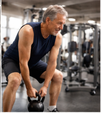 헬스장에서 근감소증 예방을 위해 도구를 사용하여 꾸준히 근력운동을 하고 있는 시니어