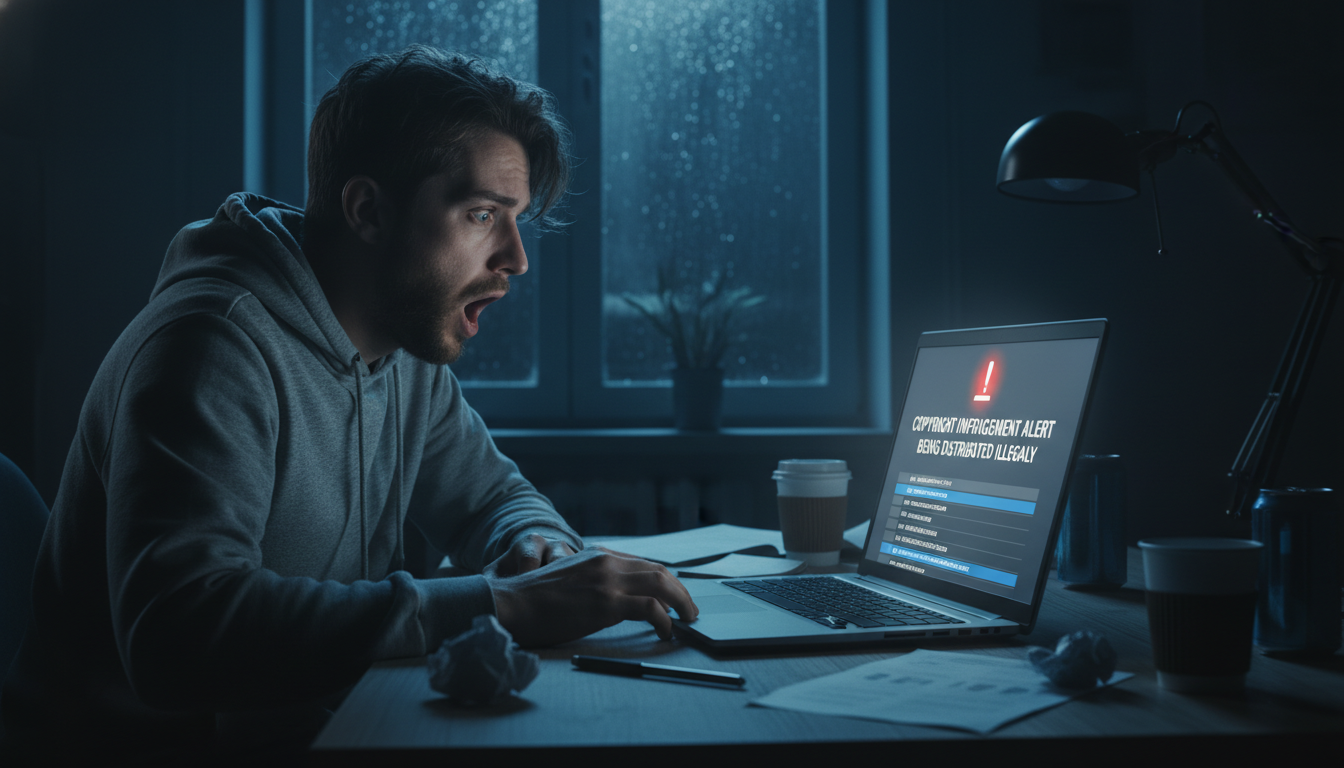 어두운 방 안에서 노트북 화면을 보며 충격받은 표정을 짓고 있는 웹소설 작가, 화면에는 저작권 침해 경고창이 떠 있다.