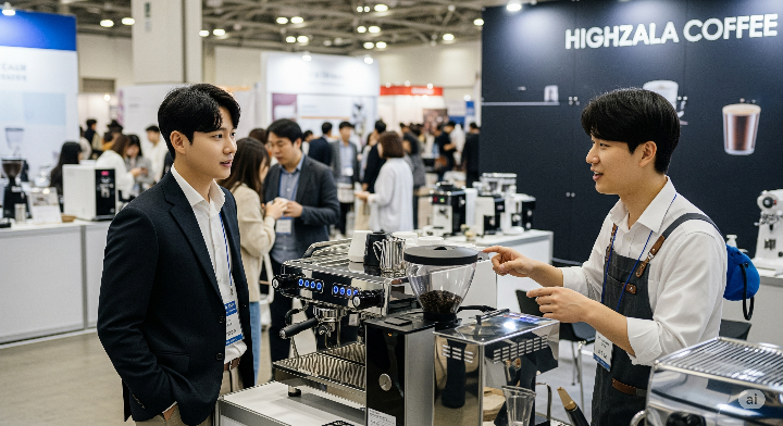 카페 박람회에서 커피 머신에 대해 상담받는 예비 창업가