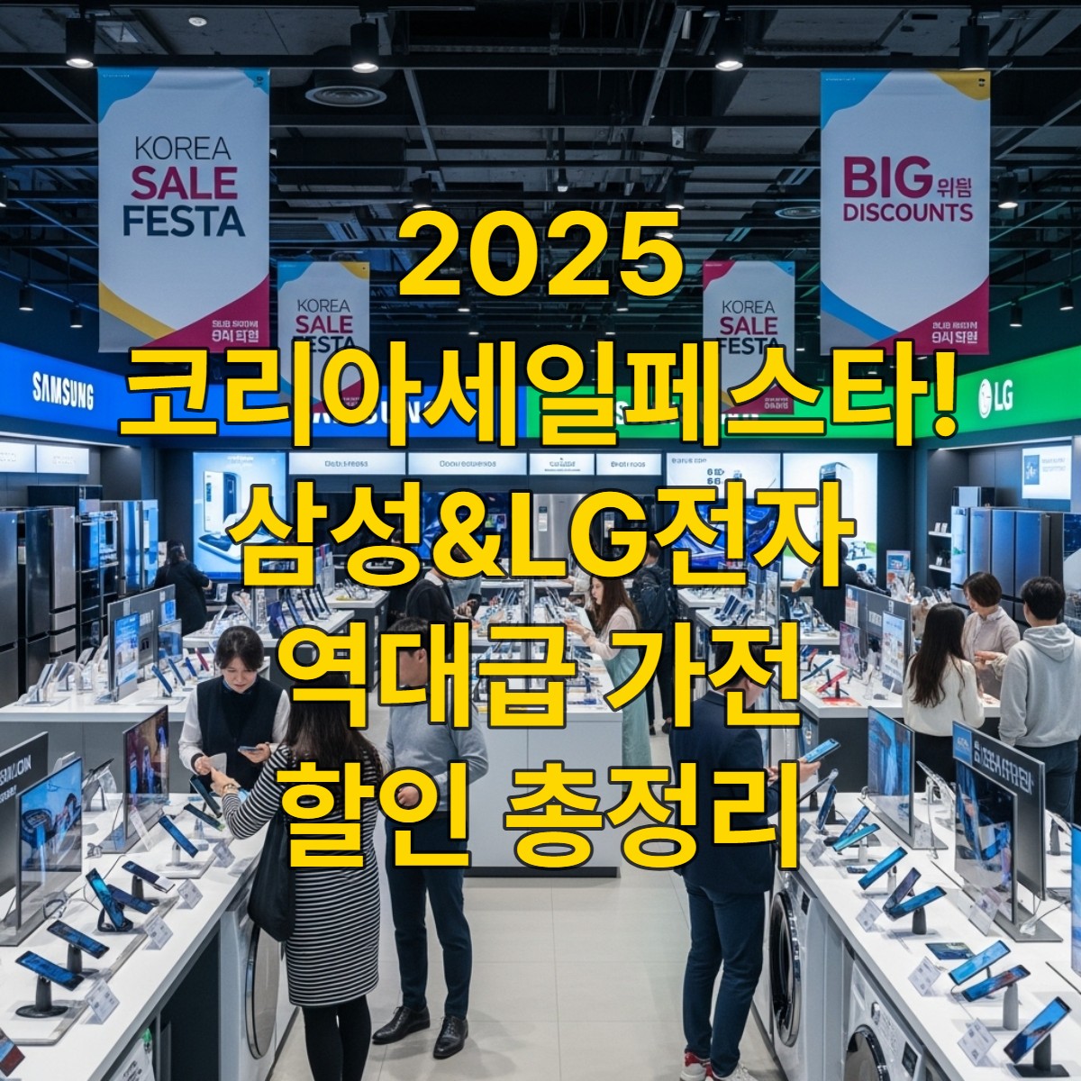 2025 코리아세일페스타 기간 중 삼성전자와 LG전자의 가전, 모바일, IT 제품이 대대적으로 할인 판매되는 활기찬 매장 풍경