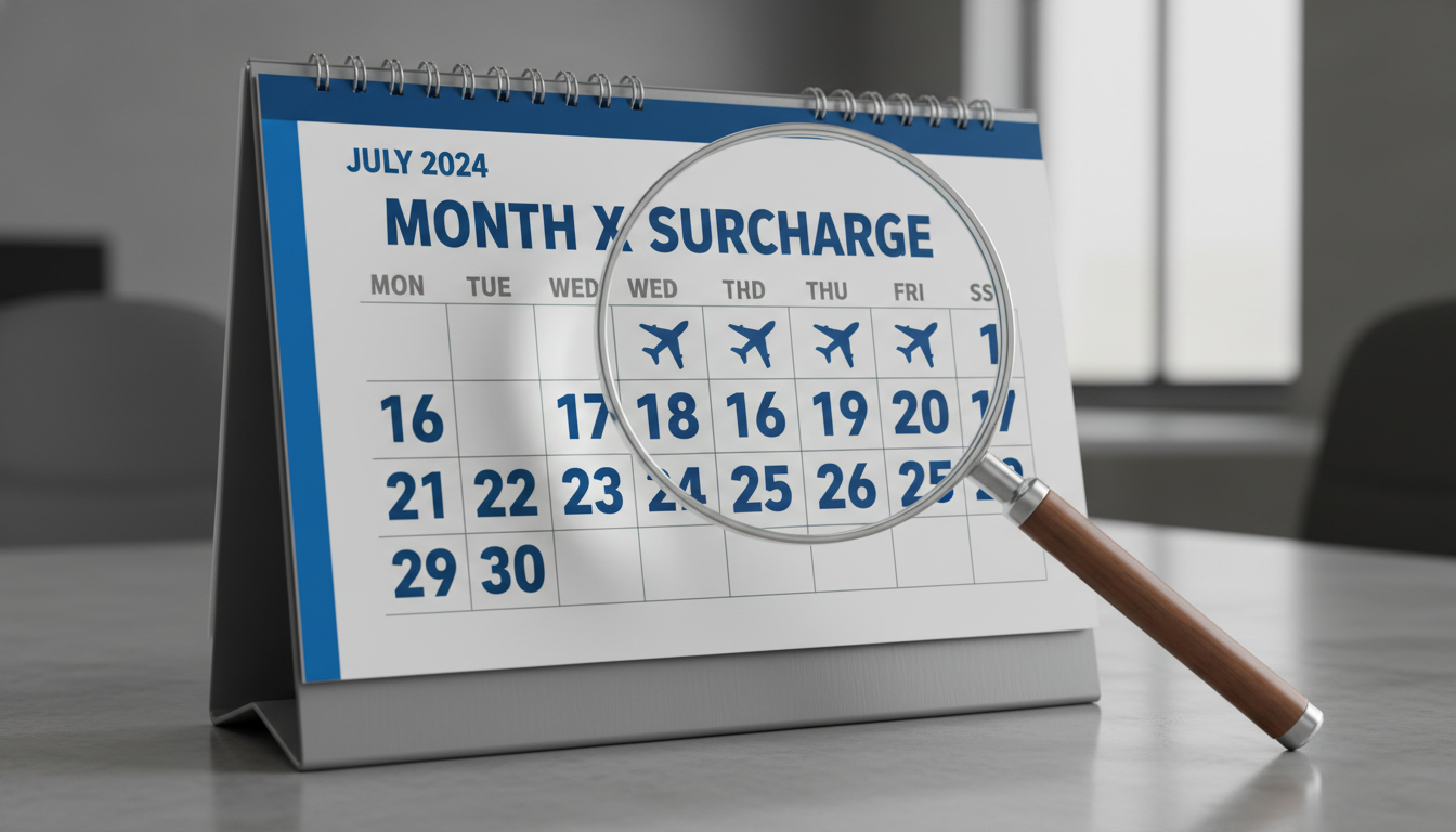 매달 16일 유류할증료 공지 확인을 강조하는 달력 돋보기 이미지