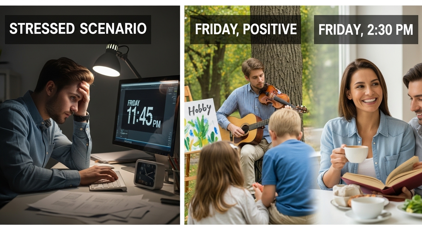 금요일 늦은 퇴근과 이른 퇴근 후 여가 시간을 보내는 사람의 모습을 대비하여 워라밸의 중요성을 보여주는 이미지.
🌍 '