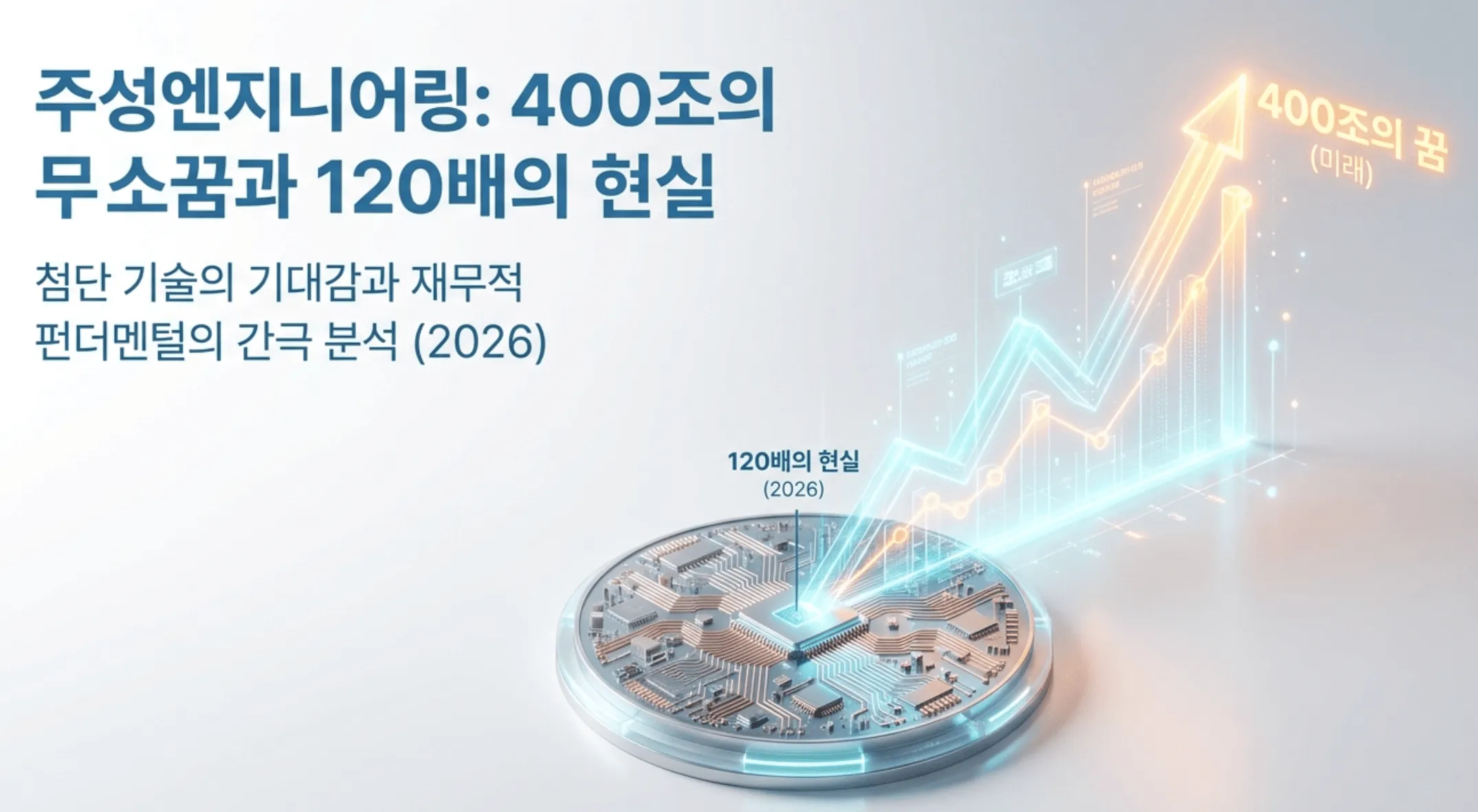 주성엔지니어링 주가 전망을 요약한 대표 이미지. 반도체 웨이퍼 위로 주가 차트가 상승하는 그래픽과 함께 '400조의 꿈'과 '120배의 현실'이라는 문구가 표시되어 있다. 황철주 회장의 시총 400조원 비전과 2026년 현재 PER 120배라는 고평가 밸류에이션 사이의 간극을 시각적으로 보여주며 첨단 기술 기대감과 재무적 펀더멘털의 괴리를 분석하는 블로그 글의 핵심 주제를 전달하는 이미지
