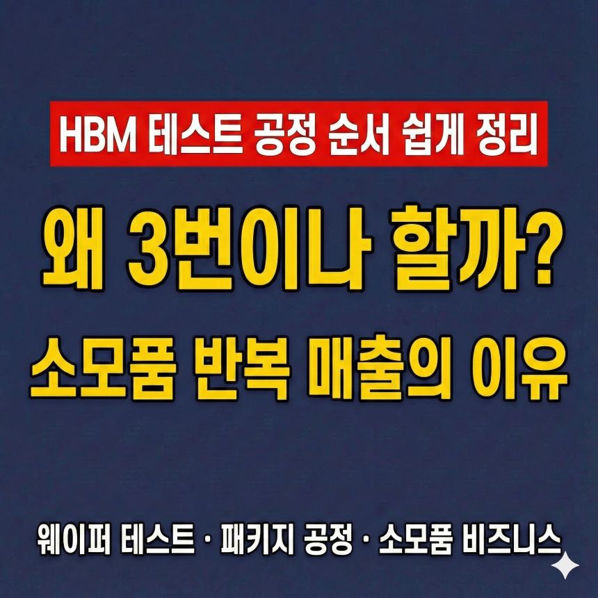 HBM 테스트 공정 순서 3단계와 소모품 반복 매출의 이유를 설명하는 썸네일 이미지