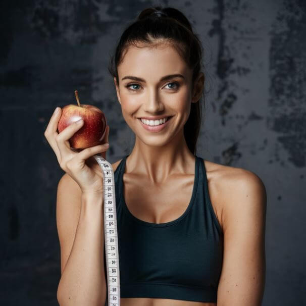 줄자와 사과를 들고 웃고 있는 건강한 혀성