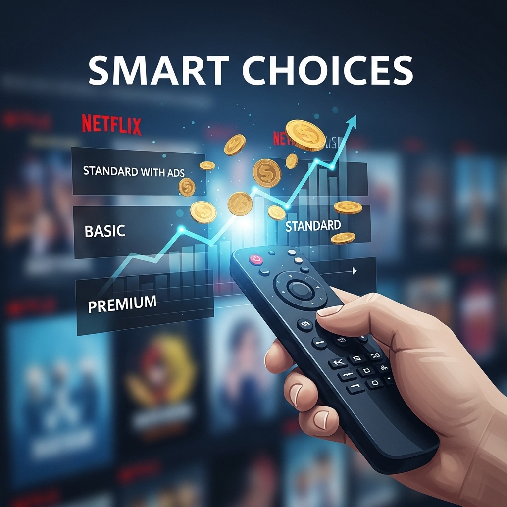 2025년 넷플릭스 요금제를 현명하게 선택하고 구독료를 절약하는 모습을 시각화한 이미지