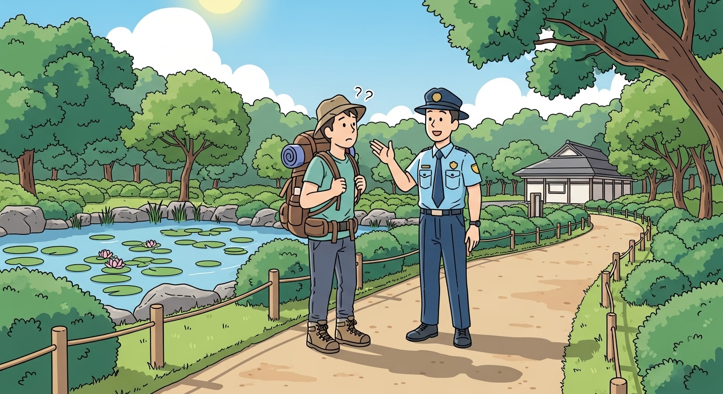 햇살이 따스한 일본의 공원 산책로에서, 길을 잃은 듯한 배낭 여행객이 공원 관리인에게 정중하게 방향을 묻고 있다. 공원 관리인은 친절한 미소와 함께 손으로 길을 안내하는 모습. 배경으로는 아름다운 연못과 푸른 나무들이 보인다. 일러스트 풍.