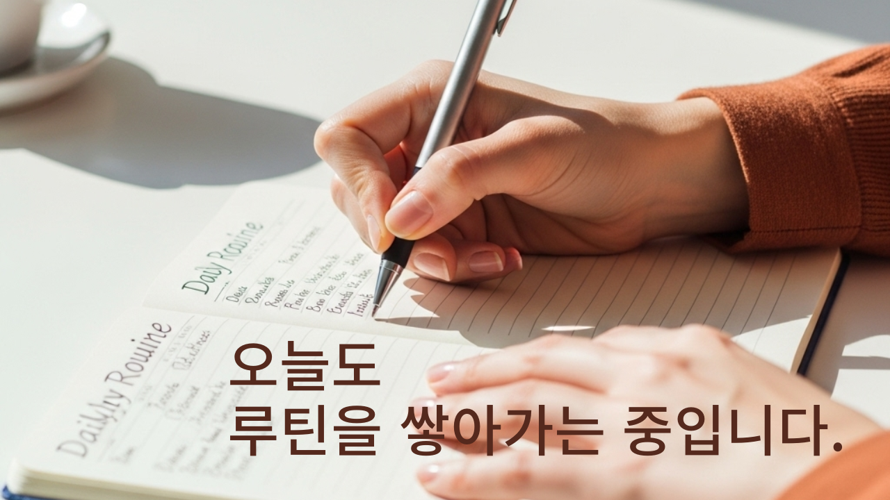 노화를 늦추기 위한 하루 루틴을 기록하는 중년 여성의 손