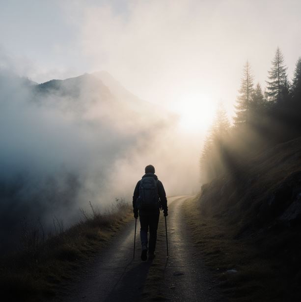 안개로 앞이 잘 보이지 않는 산길이나 숲길을 걸어가는 사람의 뒷모습