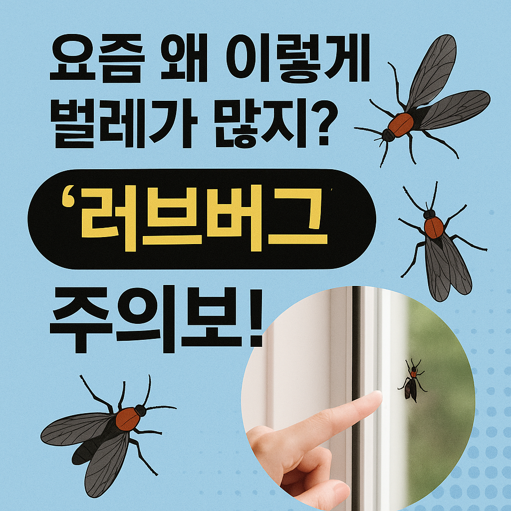 “하늘색 배경 위에 ‘요즘 왜 이렇게 벌레가 많지? 러브버그 주의보!’라는 문구가 강조되어 있으며, 주변에 러브버그 그림이 흩어져 있고, 오른쪽 아래에는 손가락으로 창문에 붙은 러브버그를 가리키는 사진이 삽입된 경고성 썸네일 이미지.”