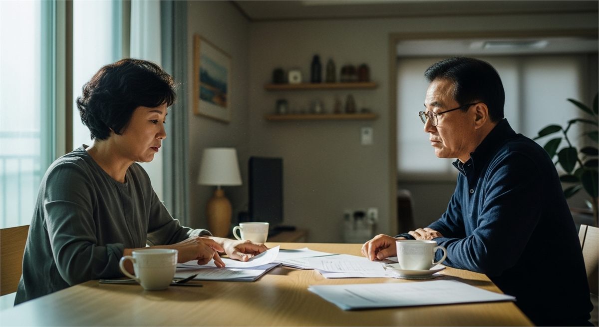 식탁에서 정년과 연금 시기를 함께 상의하는 한국인 부부의 모습
