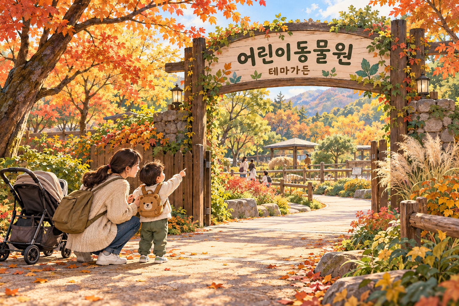 가을 정원 입구에서 어린이동물원 나들이를 준비하는 부모와 아이