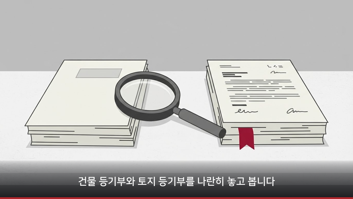 건물 등기부와 토지 등기부를 대조하는 모습