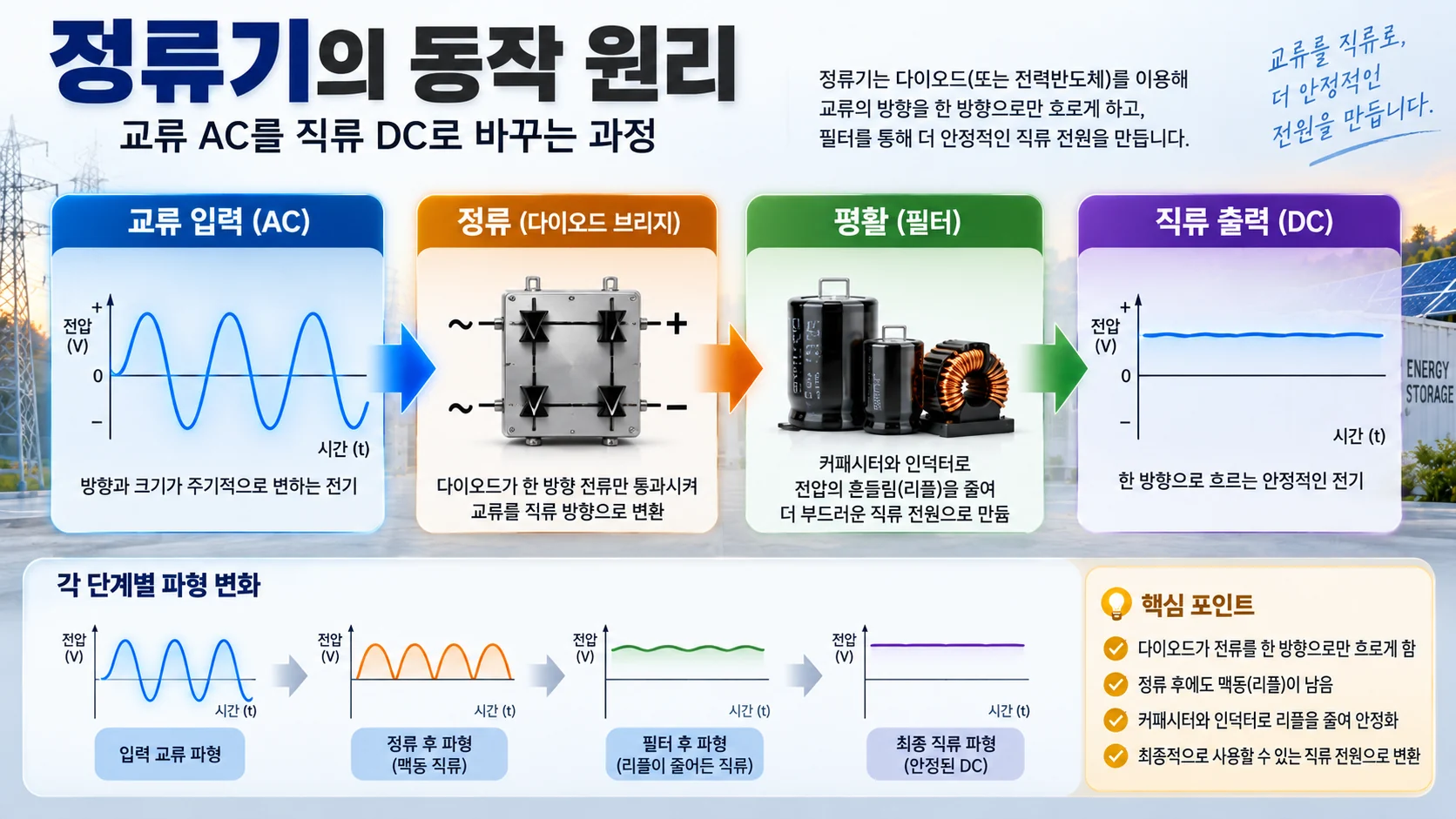 교류 입력부터 정류 평활 직류 출력까지 정류기 동작 원리