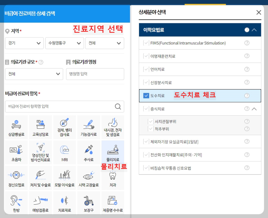 진료지역과-진료항목-선택