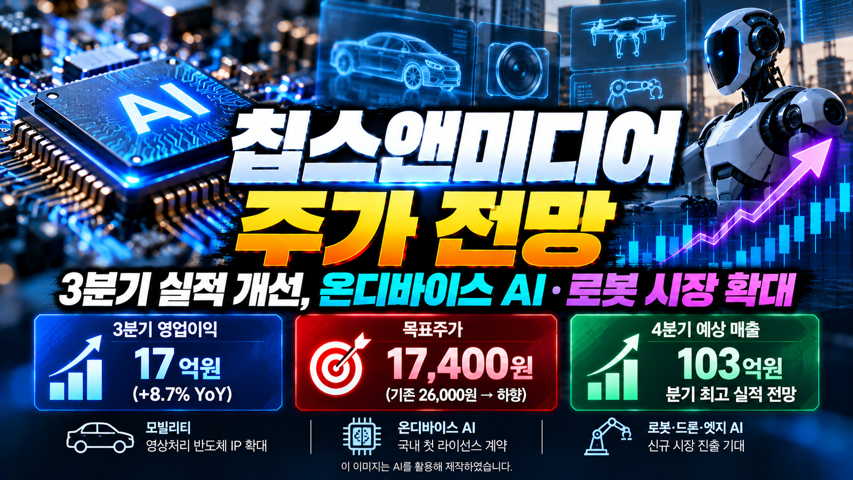 칩스앤미디어(094360) 주가 전망 및 기업분석, 2026년 3분기 영업이익 17억 원으로 전년 대비 8.7% 증가, 유진투자증권 목표주가 17,400원 하향, 온디바이스 AI·휴머노이드 로봇 반도체 시장 확대와 4분기 매출 103억 원 전망