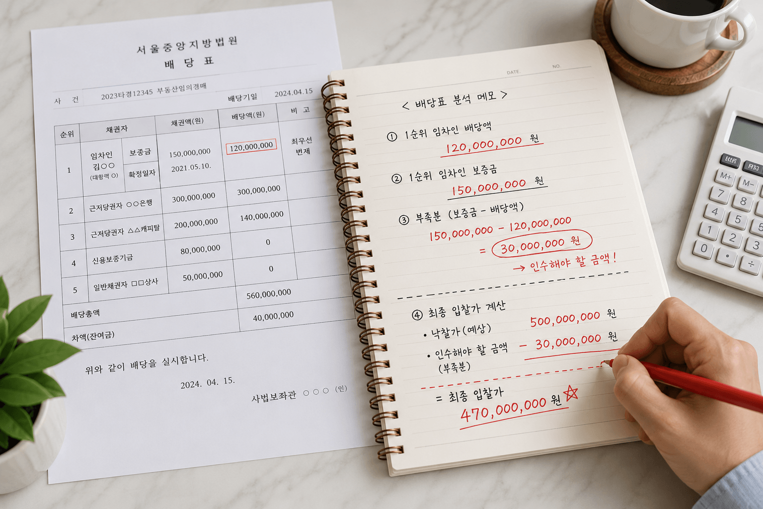 법원 경매 배당표 서류의 1순위 임차인 배당액과 부족분을 붉은색 펜으로 적어 내린 뒤, 최종 입찰가를 마이너스 연산하여 적어 넣는 부동산 투자자의 노트 모습