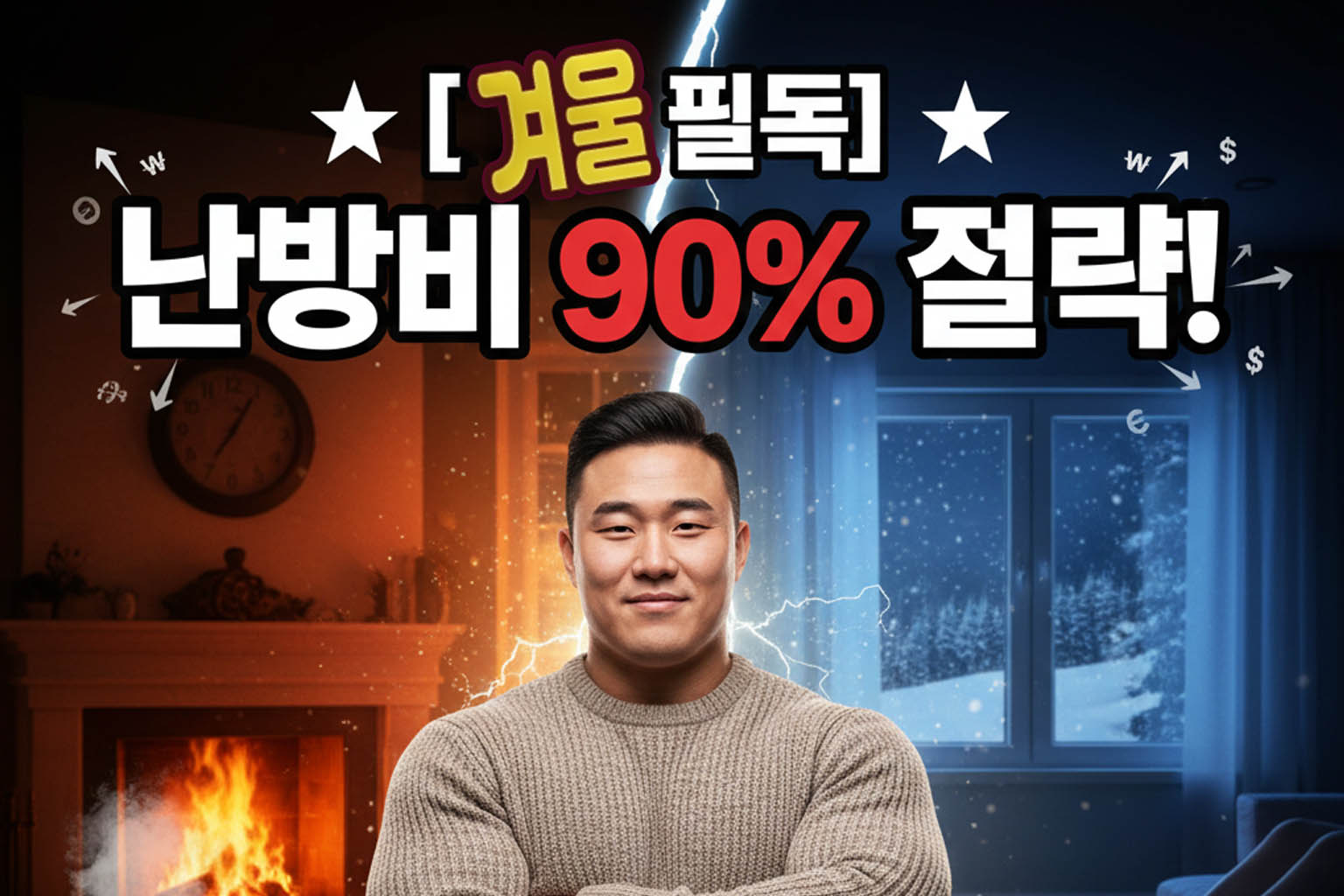 '난방비 90% 절약!' 문구와 함께 따뜻한 실내와 추운 실외가 대비되는 배경 속에서 자신감 있는 표정의 남성이 있는 이미지.