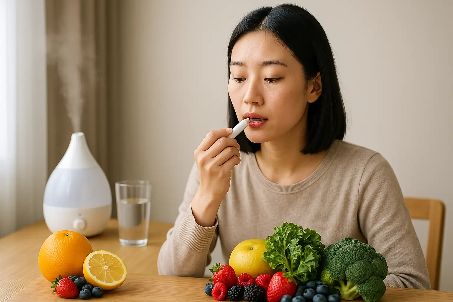 입술 보습제를 바르는 사람. 가습기와 물잔이 함께 있는 실내 환경. 비타민이 풍부한 음식들을 식탁 위에 나열한 이미지