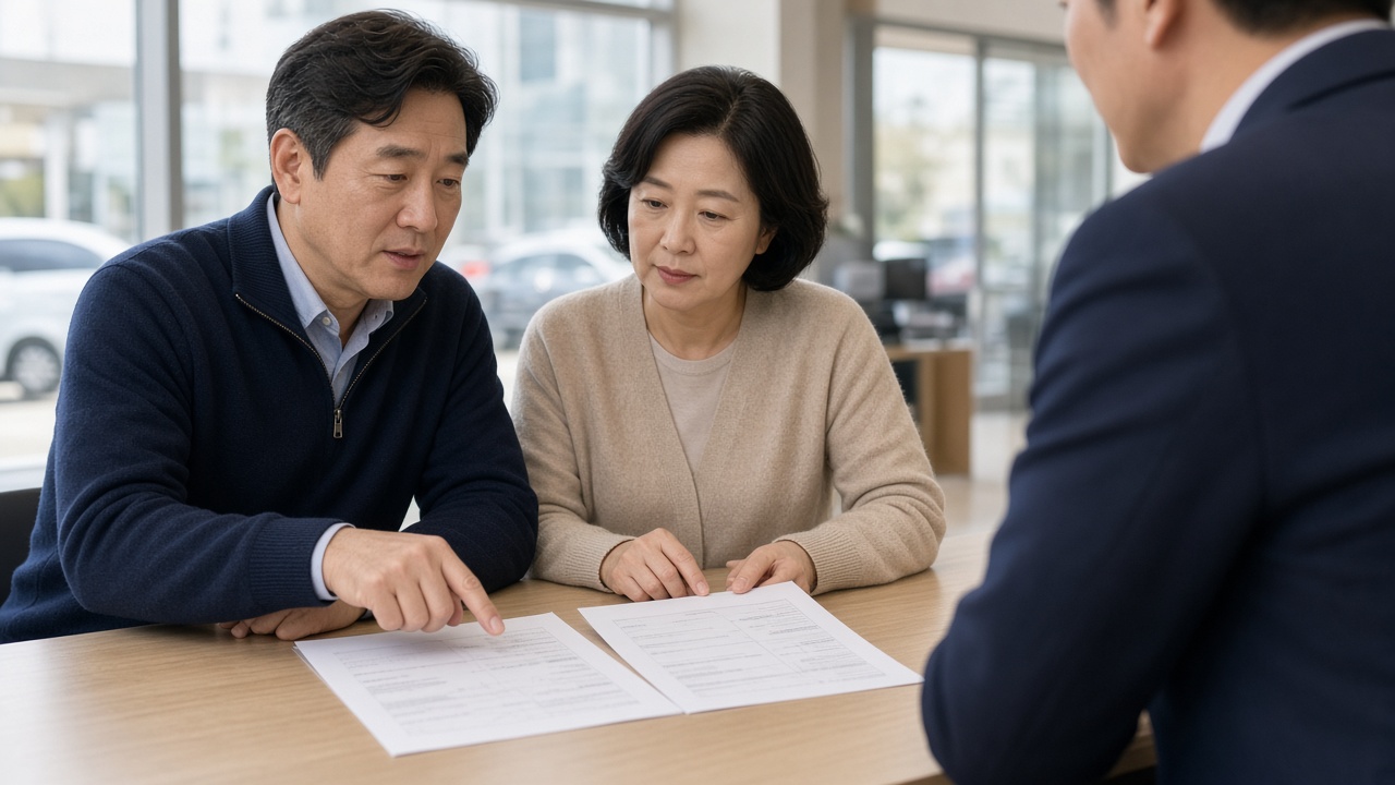딜러와 상담 테이블에서 옵션 견적서를 비교하는 한국인 중년 부부