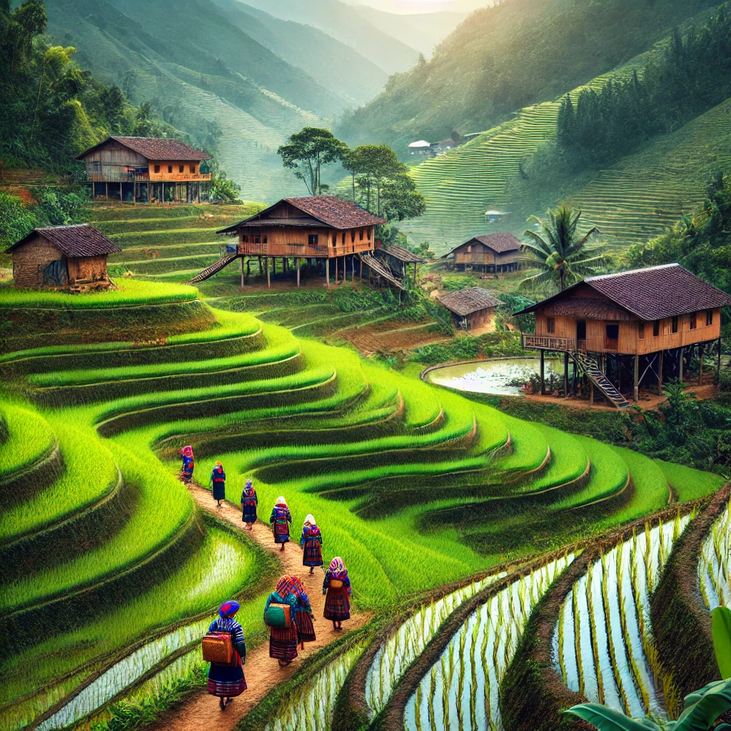 베트남 소수민족 마을의 푸른 계단식 논과 전통 복장을 입은 현지인들