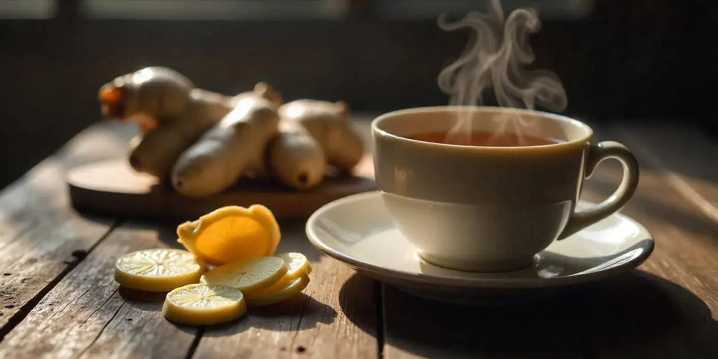 잘게 썬 신선한 생강과 생강차 한 잔