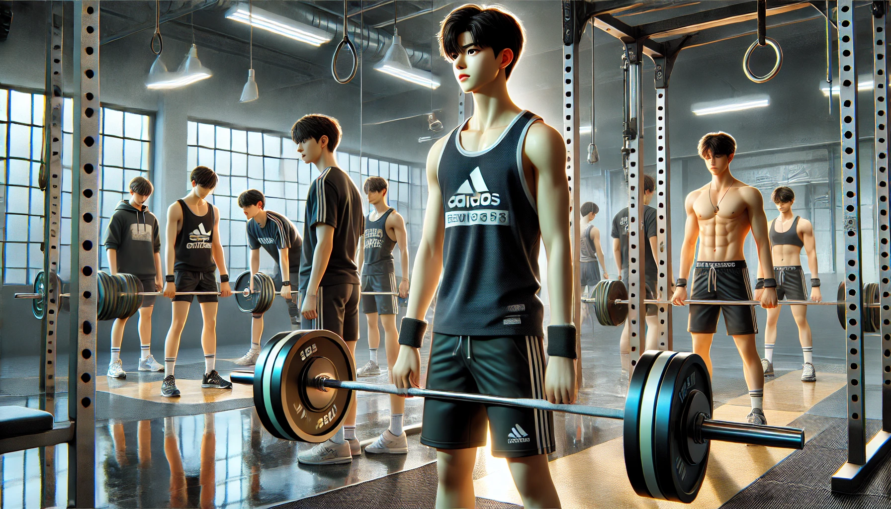 한국의 현대적인 체육관에서 데드리프트를 수행하는 청소년들. 운동복을 입고 집중한 표정으로 중량을 들어 올리는 모습, 네온 조명과 거울이 반사되는 역동적인 분위기.