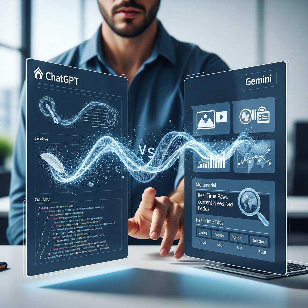 2025년 최신 AI 챗봇인 챗GPT와 제미니의 성능을 비교하는 사용자의 모습, 두 개의 화면이 대조적으로 놓여있고 디지털 데이터가 오가는 추상적인 인터페이스. 생산성과 기술 발전을 강조합니다.