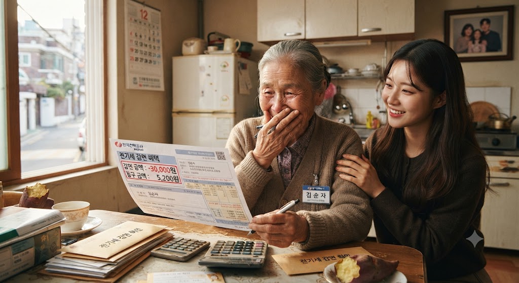 기초생활수급자 할머니가 전기세 감면혜택을 받고 기뻐하는 모습