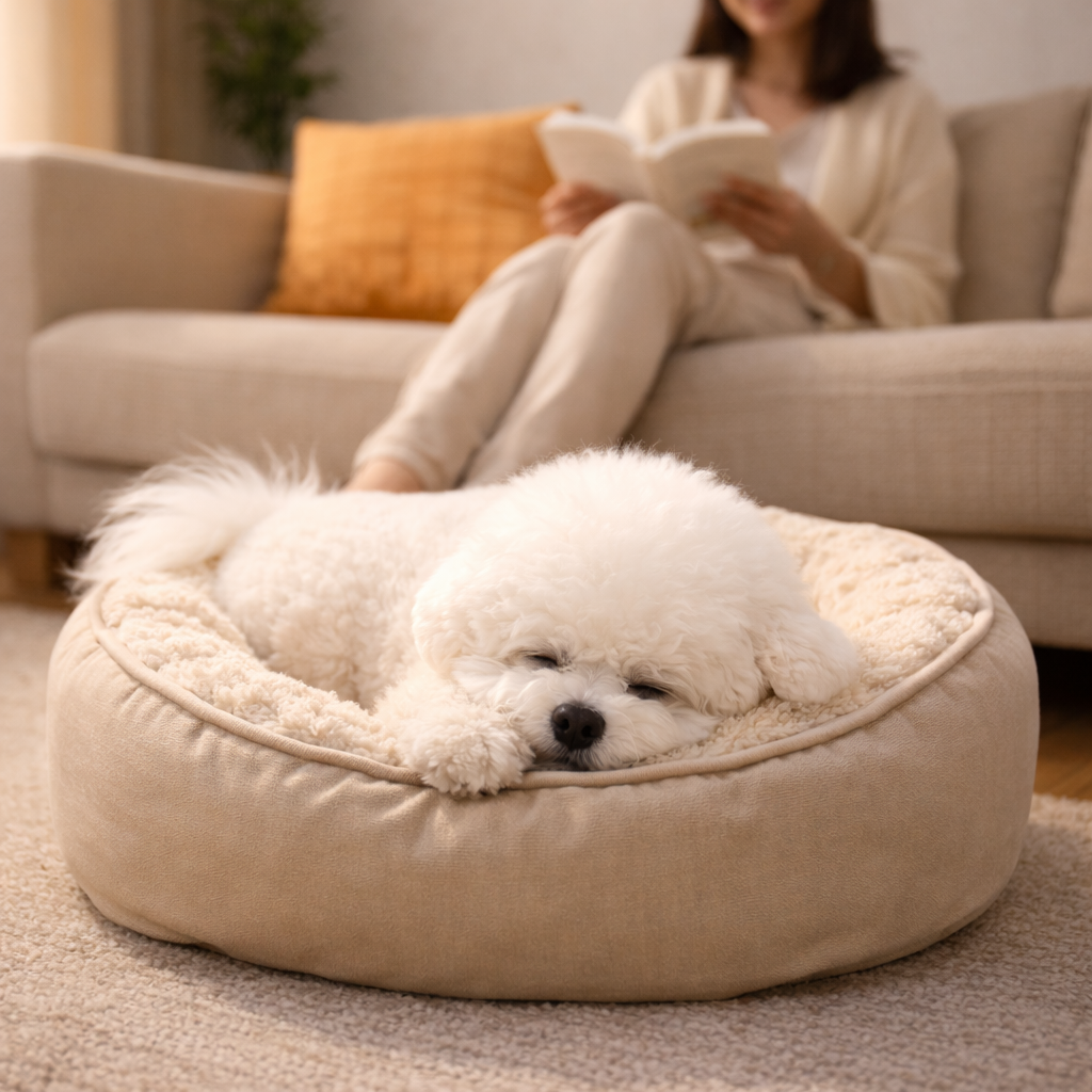 강아지가 자기 침대에서 편안하게 쉬고 있고, 보호자는 소파에서 책을 읽는 장면