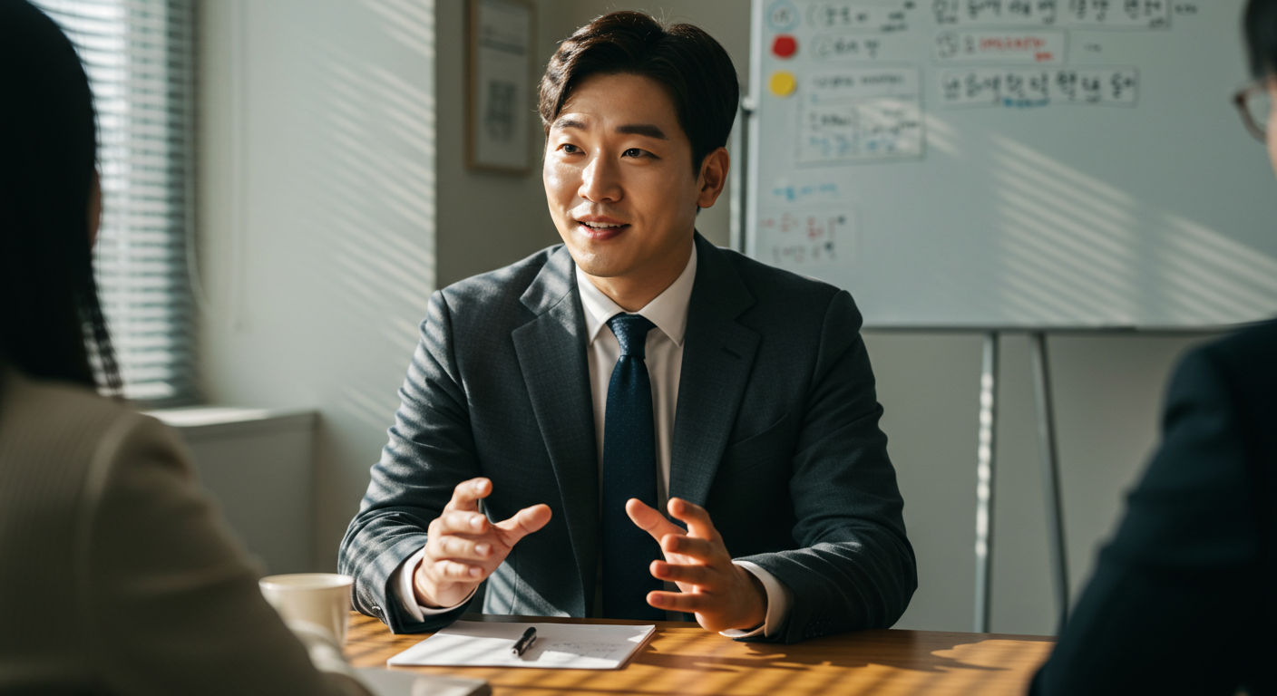 회의실 안에서 진지하게 동료에게 감정을 전달하는 직장인의 모습