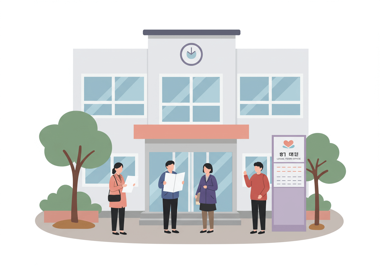 기초 지자체(시청&middot;군청&middot;구청) 건물 앞에서 주민들이 공고문을 살펴보는 장면 2