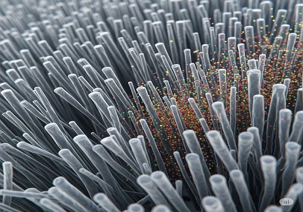 전기 필터 섬유에 다양한 미세 입자가 포집된 구조 클로즈업