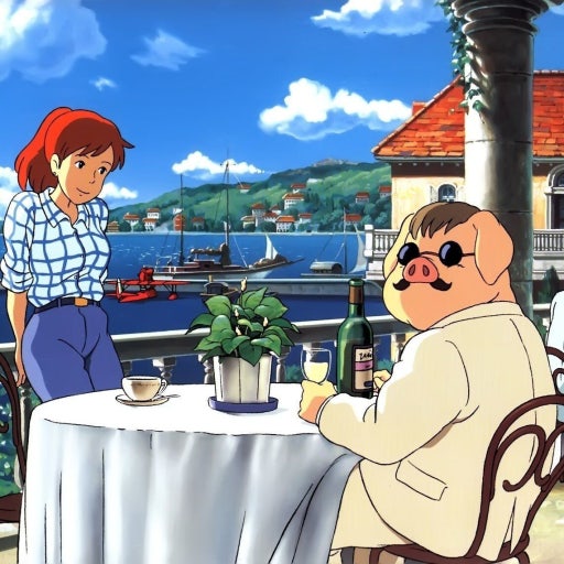 붉은 돼지 애니메이션 여자 주인공과 붉은 돼지가 식사하는 장면