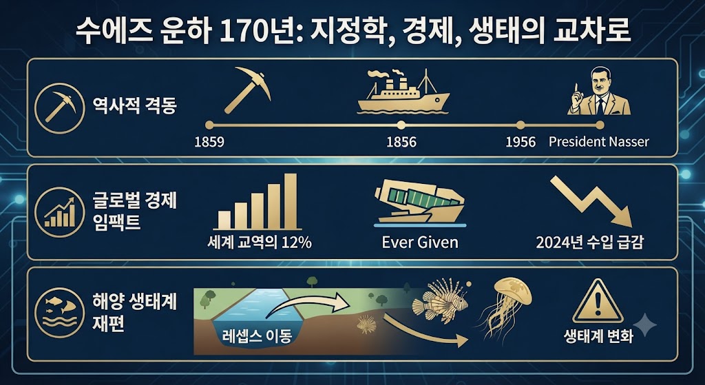 수에즈 운하 170년: 지정학, 경제, 생태의 교차로'라는 메인 타이틀 하에, 세 개의 핵심 타임라인 블록으로 내용을 구조화했습니다. 상단 블록은 '역사적 격동(착공, 개통, 국유화)', 중간 블록은 '글로벌 경제(물동량 비중, 에버기븐, 홍해 위기)', 하단 블록은 '해양 생태계(자연 장벽 제거, 레셉스 이동, 생태계 재편)'를 핵심 데이터와 아이콘으로 정리했습니다. 깔끔하고 전문적인 보고서 스타일입니다.