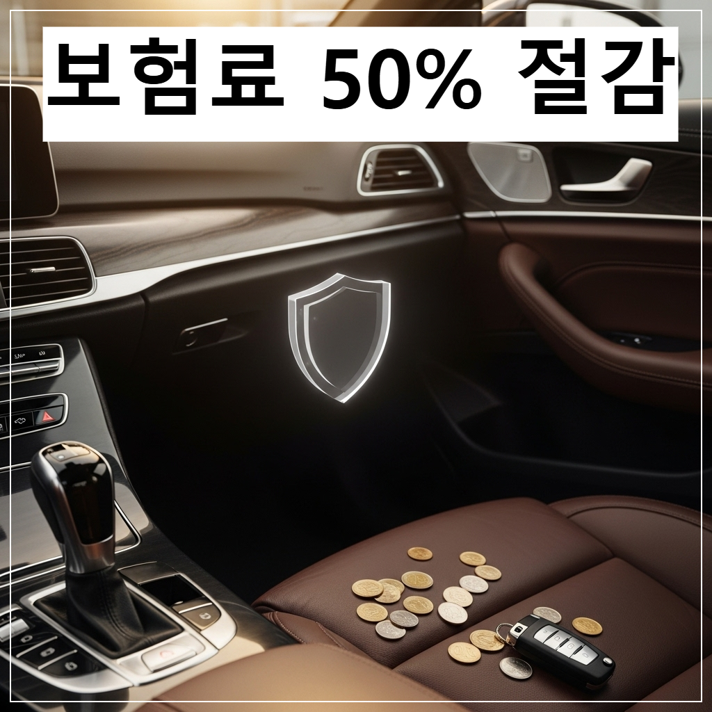 따뜻한 햇살이 비치는 거실 테이블 위에 자동차 키와 황금빛 동전들이 쌓여 있고, 배경으로 세련된 흰색 자동차가 안전하게 주차된 평화로운 모습의 금융 테마 이미지