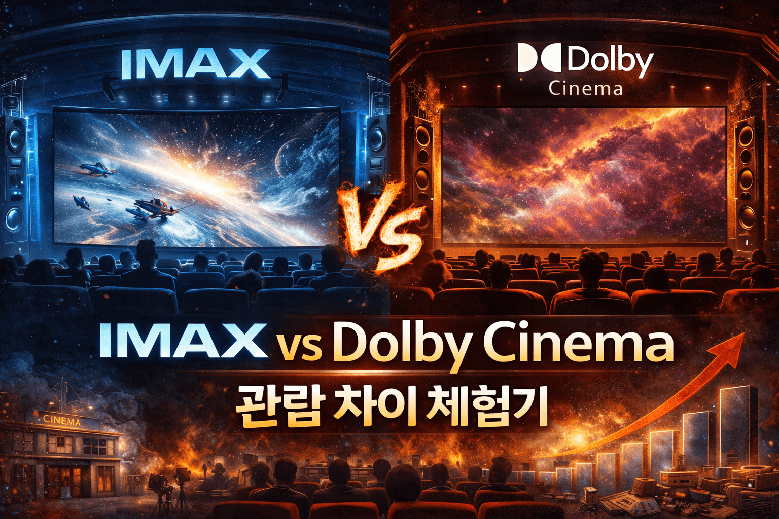 IMAX와 Dolby Cinema 상영관을 좌우로 비교한 이미지로, 왼쪽에는 파란 색감의 IMAX 대형 스크린과 우주 전투 장면이, 오른쪽에는 따뜻한 색감의 Dolby Cinema 스크린과 우주 성운 장면이 나타나 있으며 중앙에는 ‘IMAX vs Dolby Cinema 관람 차이 체험기’라는 제목이 강조되어 두 상영 포맷의 관람 경험 차이를 시각적으로 표현하고 있다.