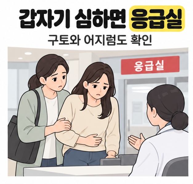 갑자기 심하면 응급실 문구 아래 복부에 손을 얹은 여성이 동행인의 부축을 받으며 응급실 의료진에게 상태를 설명하는 모습