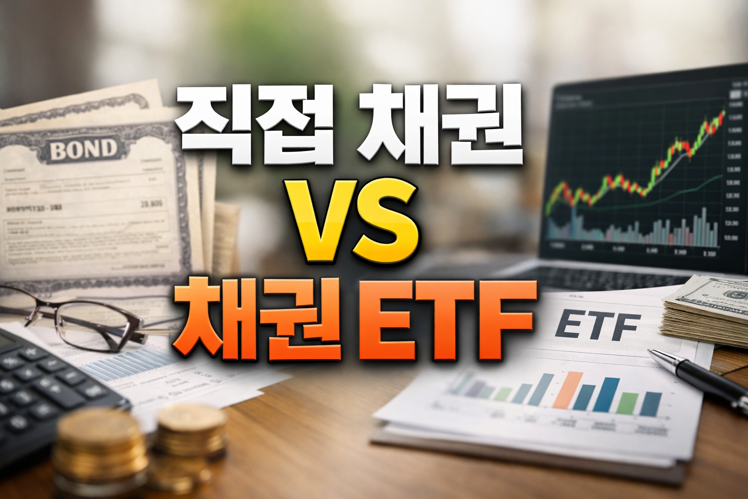 채권 증서와 ETF 서류, 노트북 차트가 놓인 책상 위에 &lsquo;직접 채권 VS 채권 ETF&rsquo; 문구가 크게 들어간 비교 썸네일 이미지