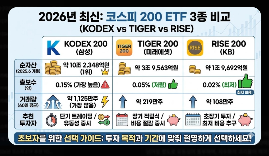 코스피200 ETF 선택 기준 [초보자 필독] KODEX&middot;TIGER&middot;RISE 비교 및 유형별 추천