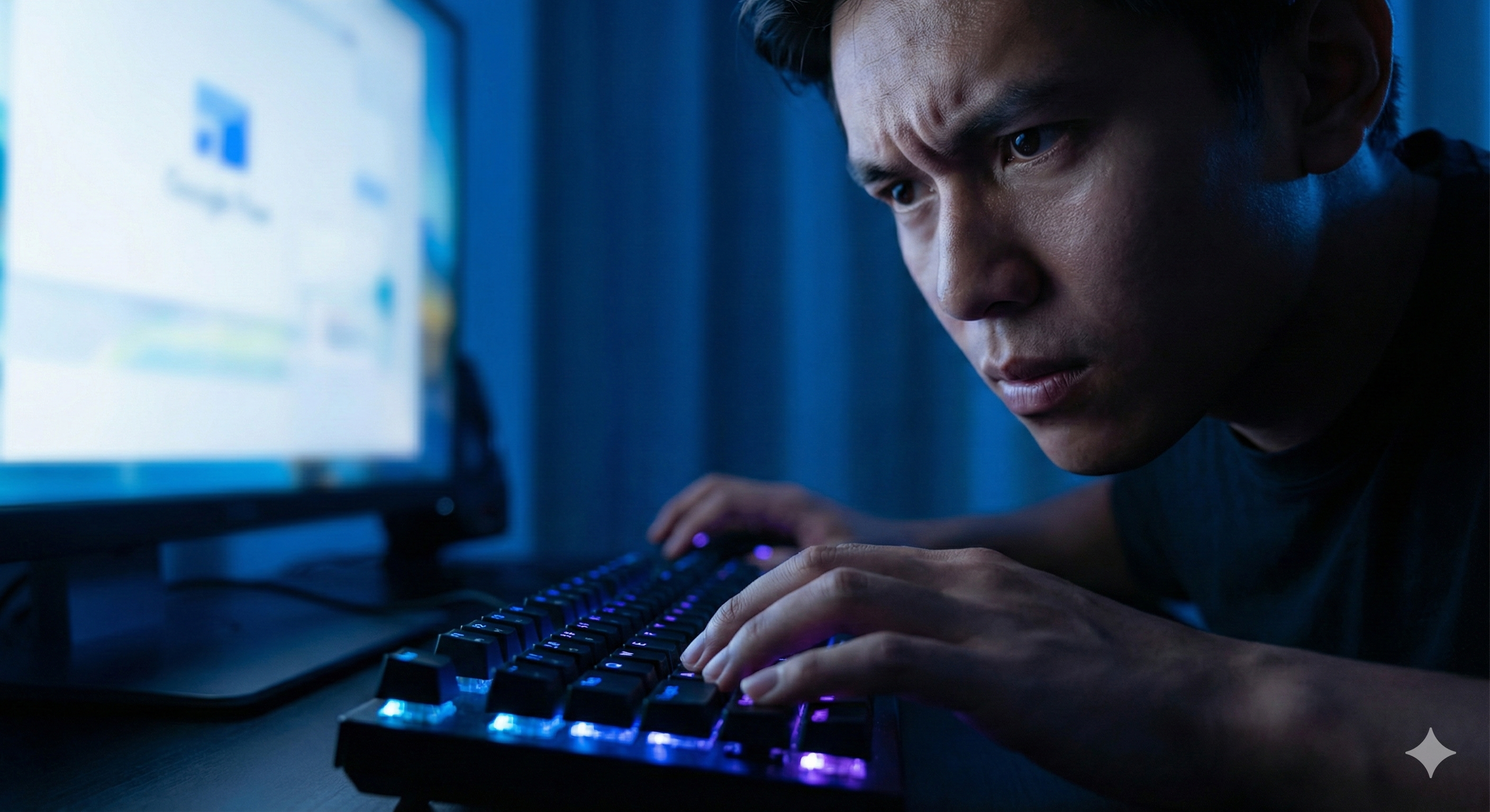 어두운 방 안에서 집중하여 키보드를 두드리는 손가락 클로즈업, 화면 빛이 얼굴에 반사되어 결의에 찬 표정