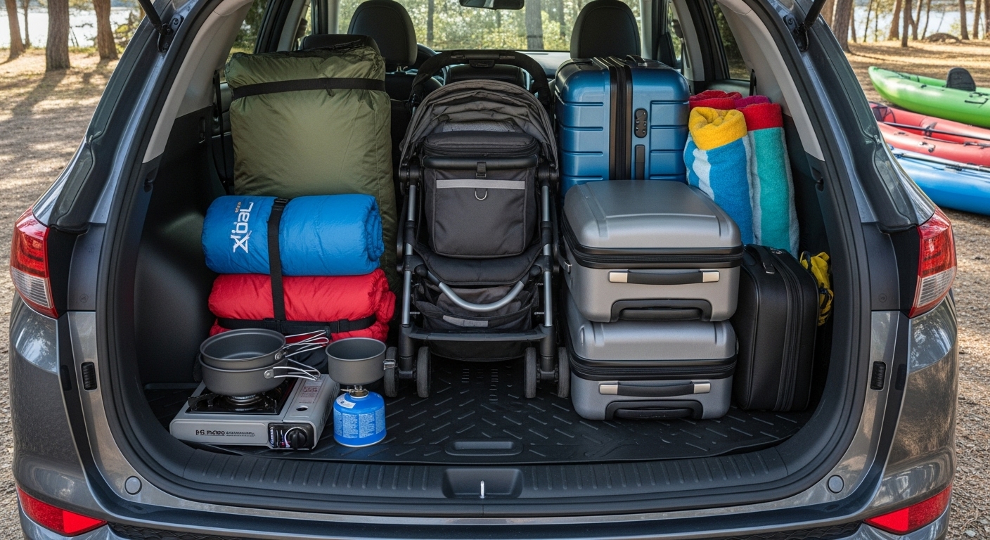 트렁크가 열린 투싼 하이브리드에 캠핑 장비가 가득 실려있는 모습