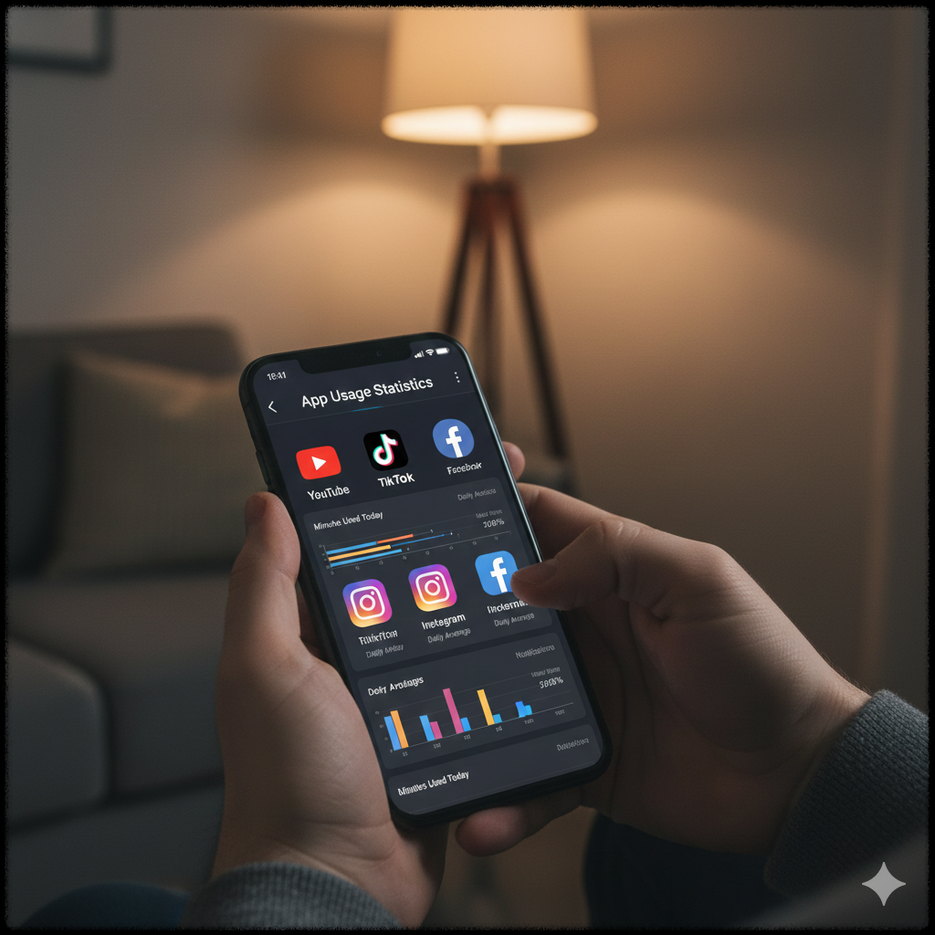 스마트폰에서 SNS 앱의 사용 시간과 알림 통계를 확인하는 모습